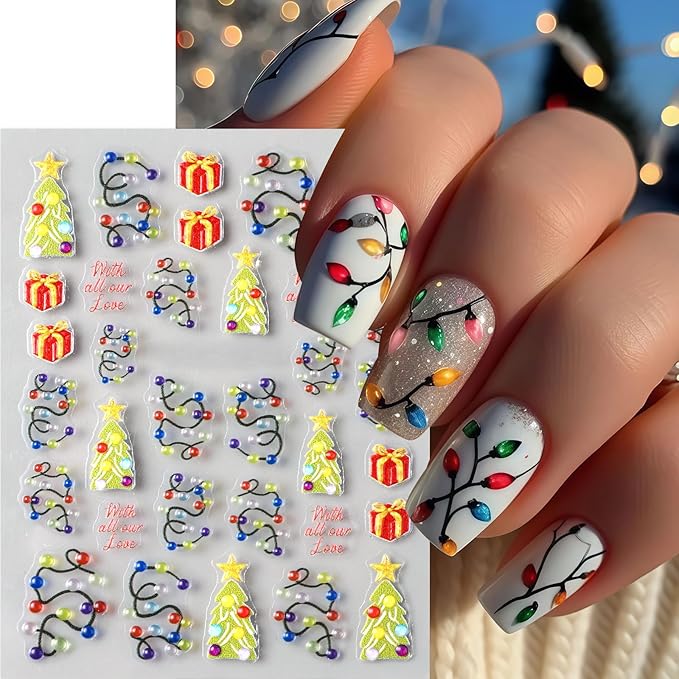4 Sheets Christmas Nail Art Stickers 5D Embossed Winter Nails Decals Red Gold Heart Bow Nail Stickers Gold Circle Cherry Xmas Nails Design Winter Nail Supplies for Women Acrylic Manicure Decorations