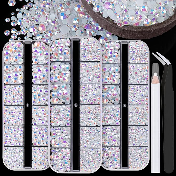 5000PCS Resin Rhinestones with Tweezers for Crafting, 2/3/4/5/6mm Flatback Jelly Rhinestones, 3 Box White AB Non Hotfix Crystal Gems for DIY Crafts Mugs Tumblers Clothes Makeup Nail