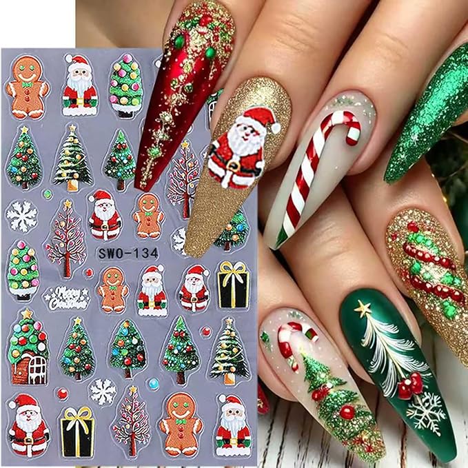 2 Sheets 5D Embossed Christmas Nail Stickers for Nail Art Self-Adhesive Santa Claus Nail Decals Winter Snowman Snowflake Nail Art Stickers Xmas Bow Light Strips Christmas Tree Nail Design for Women