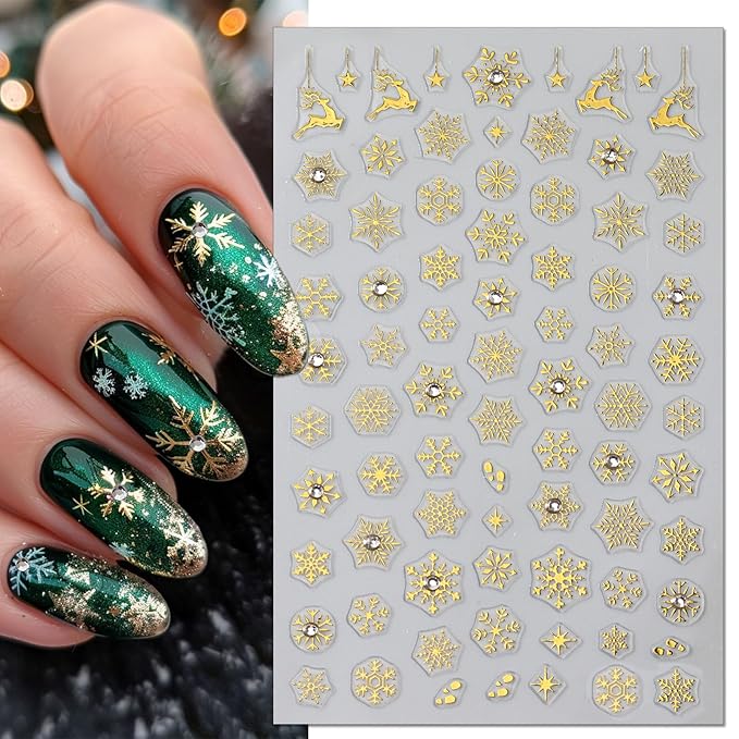 Rhinestone Studded Snowflake Nail Stickers, Christmas Self-Adhesive Crystal Diamond 3D Glitter Nail Art Design for DIY Manicure Winter Xmas DIY Nail Decals Decorations f (4 Sheets)