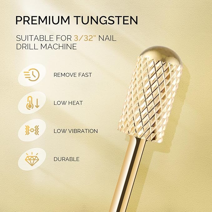 MelodySusie Nail Drill Bits Set, 7pcs Tungsten Carbide Nail Bits for Nail Drill E-file, 3/32 inch Bits Manicure Pedicure Remover Tools for Acrylic Gel Nails, Salon Home Nail Care Supplies, Gold