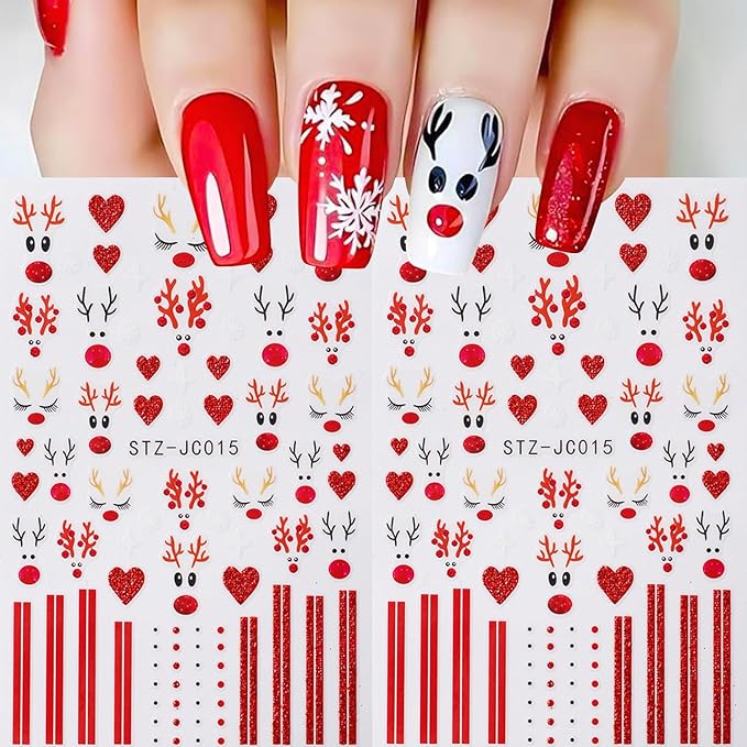 2Sheets Cute Christmas Nail Art Stickers 3D Xmas Elk Design Nail Decals Red Glitter Heart Lines Nail Stickers Self-Adhesive Cute Deer Nail Decal White Star Snowflake Nail Sticker for Women Nails Decor