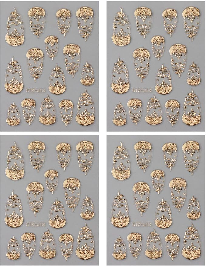 4 Sheets Gold Nail Art Stickers 5D Embossed Flower Nail Decals Metallic Totem Leaves Floral Nails Design Manicure Sliders Self Adhesive French Retro Golden Foil Nail Art Supplies for Women DIY Nail