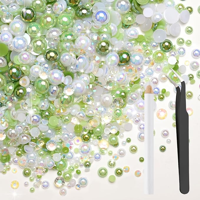 80g Mix Flatback Pearls and Rhinestones for Crafts Emerald Green Mixed Size 2mm-10mm Half Round Pearls Rhinestones for Nail Art Tumblers Shoes DIY Bedazzling with Tweezers Wax Pen