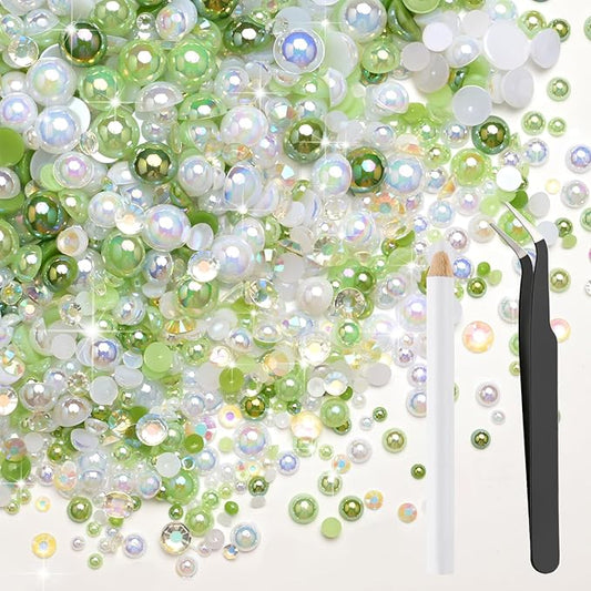 80g Mix Flatback Pearls and Rhinestones for Crafts Emerald Green Mixed Size 2mm-10mm Half Round Pearls Rhinestones for Nail Art Tumblers Shoes DIY Bedazzling with Tweezers Wax Pen