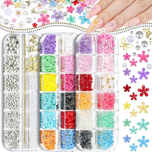 3 Boxes 3D Flower Nail Charms and Gems - Colorful Nail Flower & Metal Butterfly Charms Clear Rhinestones Gemstones Silver/Gold Caviar Beads White Pearls with Nail Chain for DIY Nails (13-S3-Mixed2)
