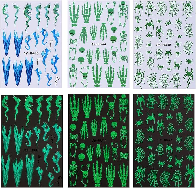 6 Sheets Halloween Nail Art Stickers 3D Self -Adhesive Luminous Skeleton Head and Hand Nail Decals Holographic Spider Web Snake Nail Stickers Halloween Nail Decoration for Women Manicure Supplies