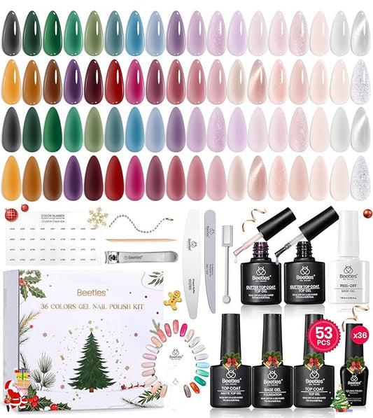 Beetles Frostglaze Veil Jelly Gel Nail Polish Set, 53PCS 36 Colors Christmas Gel Nail Kit Nude Pink Milky White Red Black Blue Green Silver Cat Eye Base Glitter Glossy Matte Top Coat Gift for Women