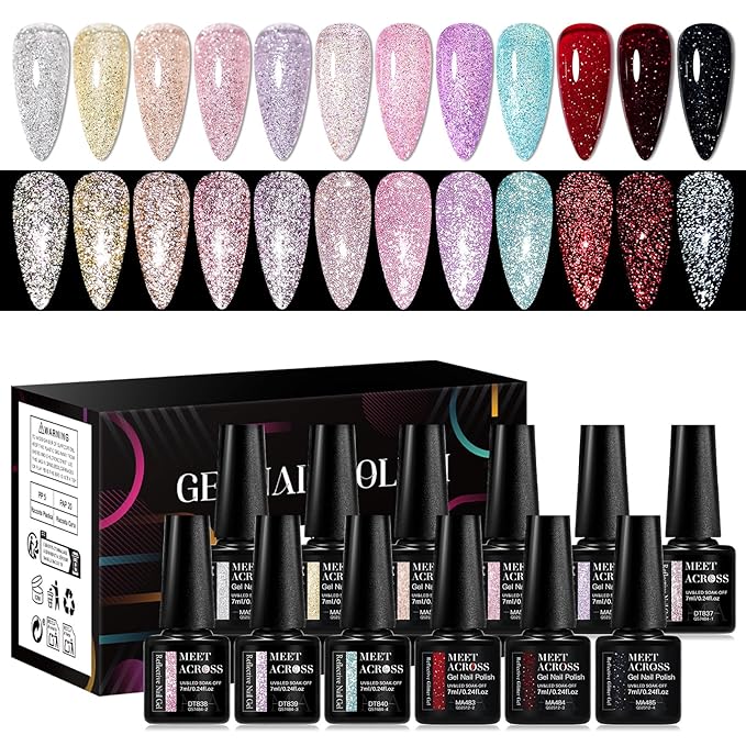 MEET ACROSS 12PCS Gel Nail Polish Set, 12 Colors Gel Nail Kit Art Design Soak Off UV LED,Nail Art Design Gifts for Women (SET-9, 12PCS)
