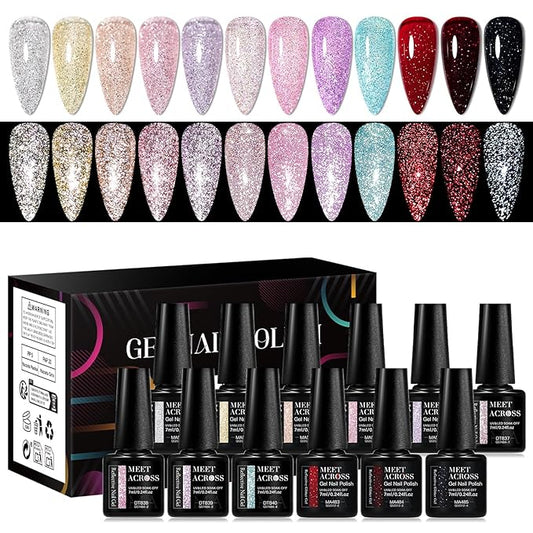MEET ACROSS 12PCS Gel Nail Polish Set, 12 Colors Gel Nail Kit Art Design Soak Off UV LED,Nail Art Design Gifts for Women (SET-9, 12PCS)