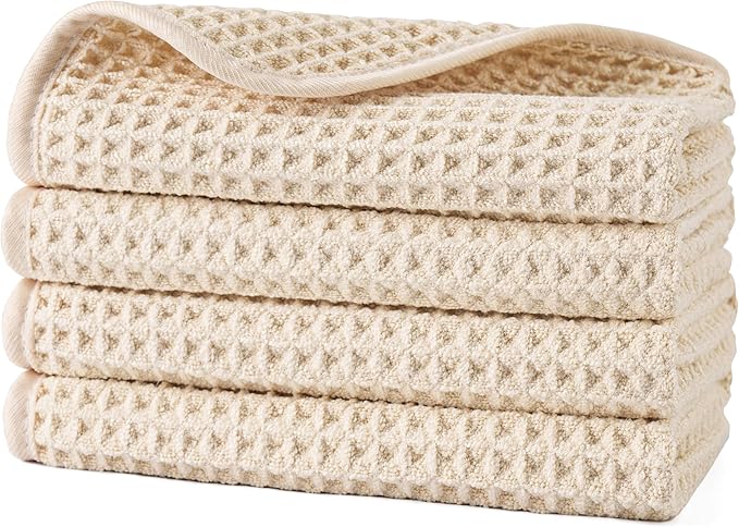 POLYTE Microfiber Lint Free Washcloth Face Towel, 13 x 13 in, 4 Pack (Waffle Weave)