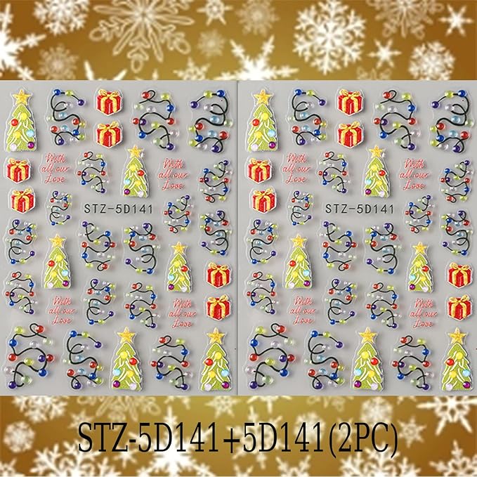 Christmas Nail Art Stickers 5D Self -Adhesive Relief Three-Dimensional Light String Nail Decals Holographic Christmas Tree Gift Nail Stickers Festival Nail Decoration for Women Manicure Supplies