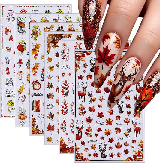 Fall Maple Leaf Nail Art Stickers Autumn Leaves Mushroom Deer Design Self-Adhesive Nail Sticker Fox Pumpkin Wheat Ears Nail Decals for Nails Women Girls Thanksgiving Day DIY Manicure Decor 6 Sheets