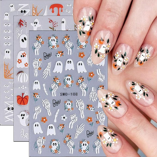 3Pcs Halloween Nail Stickers 5D Embossed Flower Ghost Nail Decals Spider Web Pumpkin Bandage Design Goth Spider Nail Art Stickers French Mummy Skeleton Nails Supplies for Women Holiday Manicure Decor