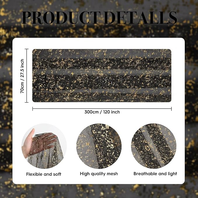 Artoid Mode Black Gold Gauze Table Runner 120 Inch 10FT, Glitter Metallic Foil - Image 7