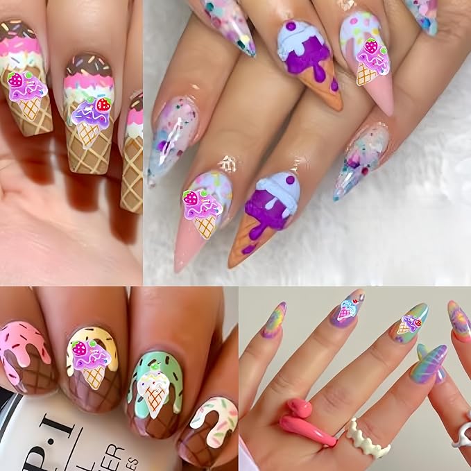 1 Box Kawaii Nail Charms Cartoon Ice Cream Nail Rhinestones 3D Flat Back Stones Summer Nail Gems Strawberry Head Ice Cream Rhinestones for Nails Mini Glass Gems Jewelry for Crafts Nail Accessories