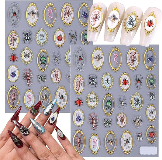2 Sheets Nail Stickers for Nail Art, Spring Summer 5D Embossed Insect Nail Decals Centipede Spider Butterfly Golden Edge Design Self-Adhesive Nail Supplies Nail Art Accessories