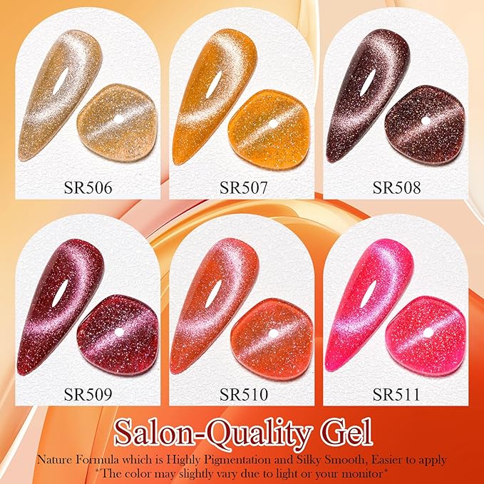 MEET ACROSS Amber Crystal Cat Eye Gel Nail Polish Reflective Glitter Magnetic Magnetic Cat Eye Gel Nail Polish Set Sparkly Red Coral Orange Brown Gift for Winter Christmas