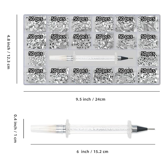 Nail Art Rhinestones, Nail Gems and Rhinestones Kit with Wax Pencil 1000 Pcs Flatback Rhinestones for Nails Decorations, Crafts, Makeup, Face, Clothes, Shoes