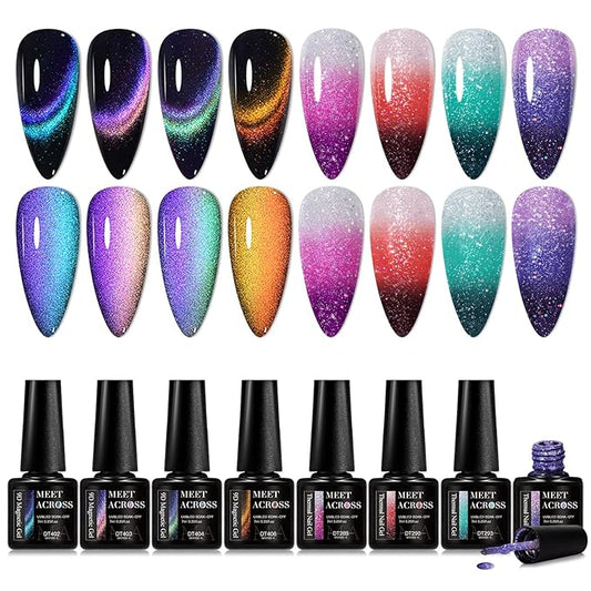 MEET ACROSS 8pcs Nail Polish Set, Soak off UV LED Lamp Cat Eye Gel Set Home Manicure Kit 7ml (Glitter Temper + 9D Cat Eye Gel)