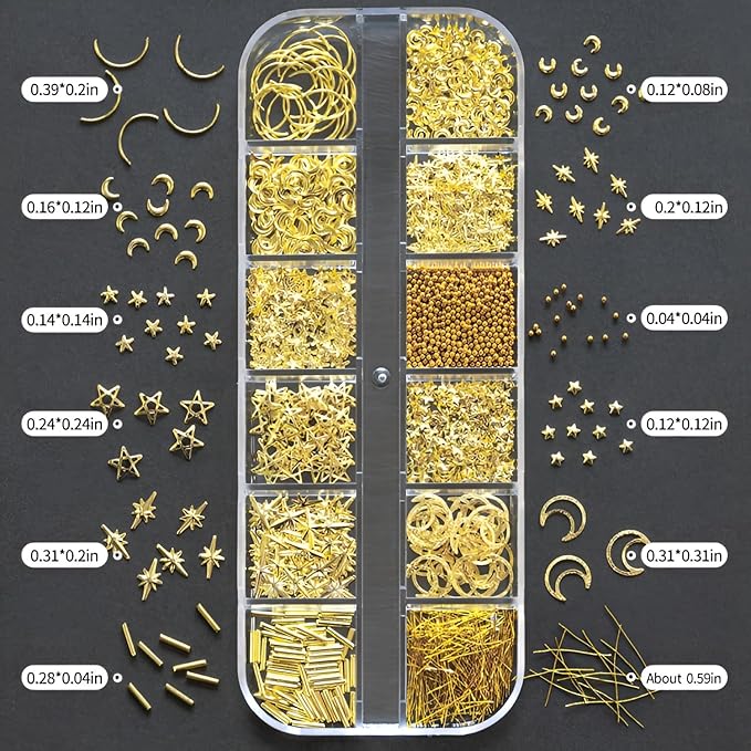 24 Grid Gold Nail Art Charms Moon Star Nail Charms and Gems Gold Nail Rhinestone for Decorations Manicure Supplies Accessories DIY Nail Art Makeup Decoration