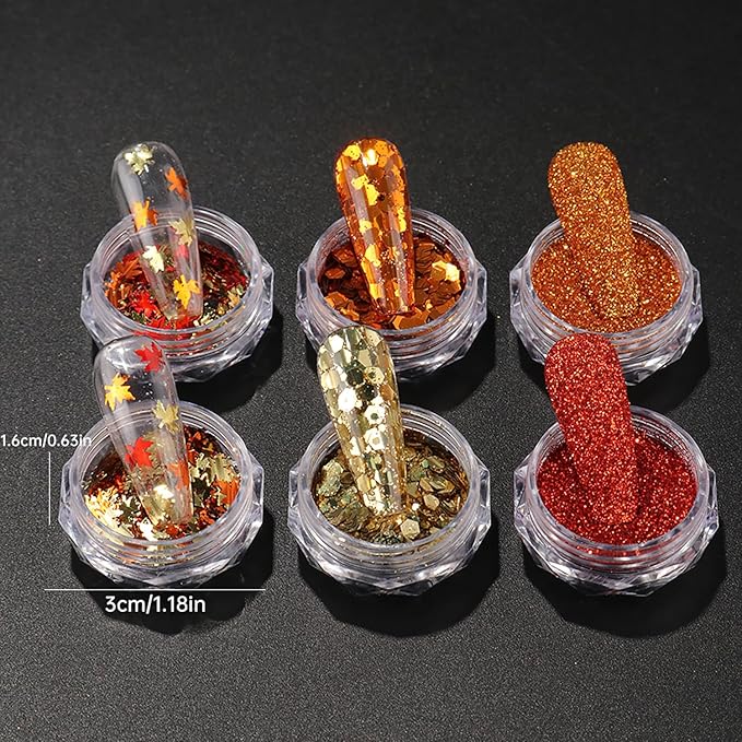 Thanksgiving Fall 3D Maple Leaf Nail Art Glitter Sequins, Mixed Red & Orange Nail Glitter Powder Polygons Sequins Fall Nail Decals for for Women Nail Decorations Supplies DIY Manicure Accessories