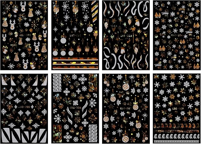 JMEOWIO 8 Sheets Christmas White Glitter Gold Nail Art Stickers Decals Self-Adhesive Snowflake Winter Holiday Nail Supplies Nail Art Design Decoration Accessories