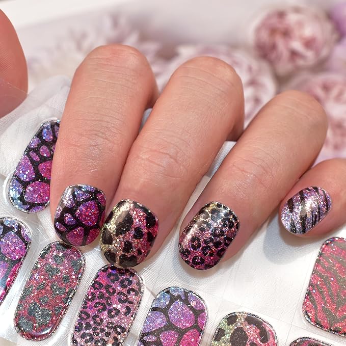 Semi Cured Gel Nail Strips (Glitter Leopard)-22 PCS Manicure Stickers | Gel Nail Wraps | Light Required, Salon Quality & Easy to Use