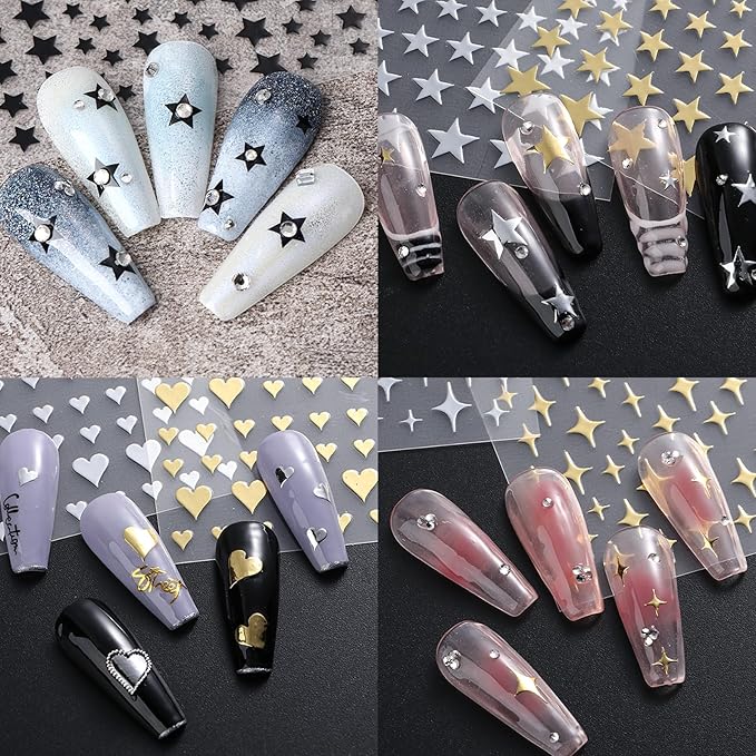 6 Sheets Heart Shaped Nail Art Stickers 3D Laser Star Shape Nail Stickers Self-Adhesive Gold and Silver Heart Shape Design Decals Four Pointed Star Women's Nail Decoration
