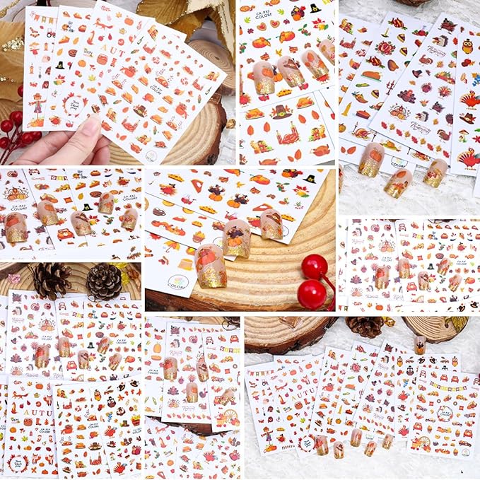 8 Sheets Fall Nail Stickers for Nail Art 3D Self-Adhesive Exquisite Maple Leaf Pumpkin Nail Decals Cute Fox Turkey Nail Design Stickers Thanksgiving Holiday Nails Art Supply for Women Acrylic Manicure