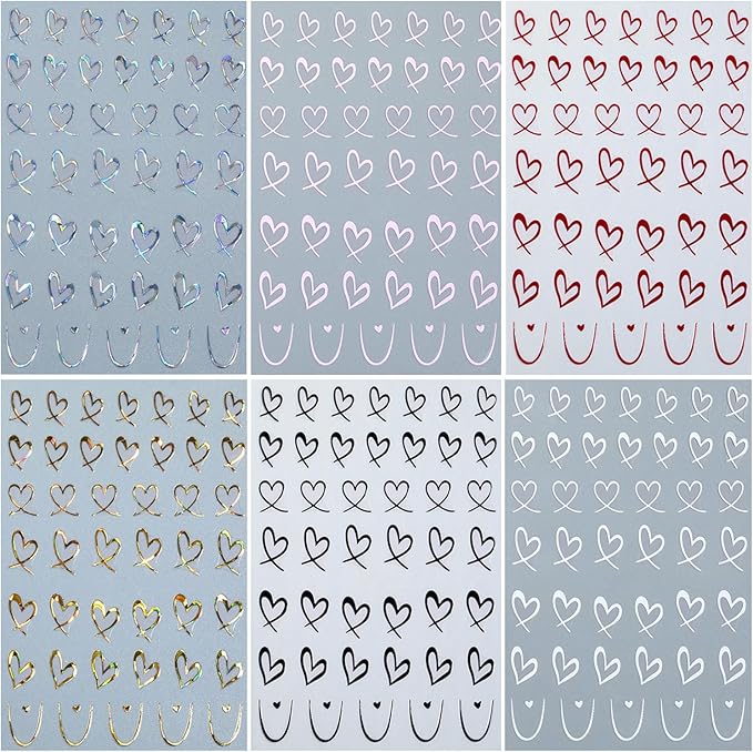 6Pcs Heart Nail Stickers for Nail Art Love Hearts Nail Decals Hollow Love 3D Nail Art French Sticker Self-Adhesive Slider Kawaii Heart-Shaped Manicure Decals Nail Tip for Women Valentine Gift