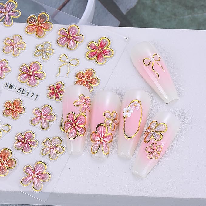 5D Flower Nail Stickers Decals 8PCS Hawaii Hibiscus Nails Art Designs Self Adhesive Embossed Tropical Floral Petals Charms Vacation Stickers Decoration for Women Nail Supplies