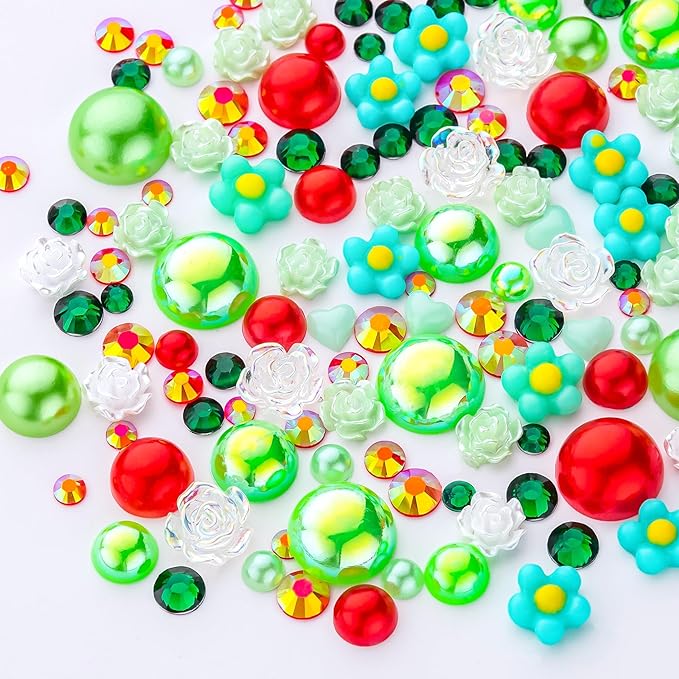 160g Red Green Flat Back Pearls Rhinestones with Gel for Crafts Mixed Size 3mm-10mm AB Color Round Half Pearls Flatback Pearl Beads and Resin Rhinestones Set for Face Art