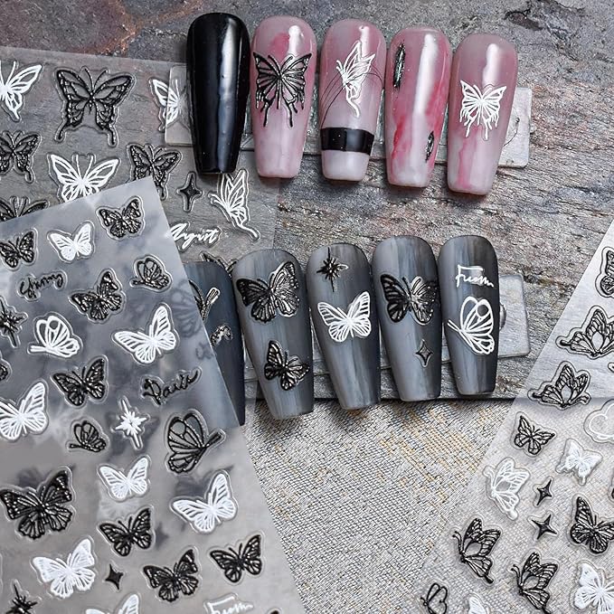 3 Sheets Hollow Butterfly Nail Art Stickers Ribbon Butterfly Nail Decals 5D Embossed Self Adhesive Black White Butterflies Nails Design Stickers for Women Manicure Decoration