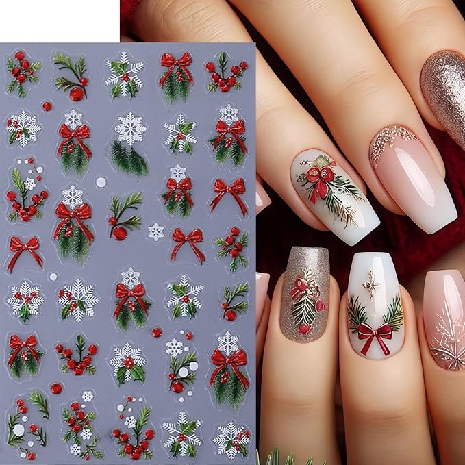 4 Sheets Green Christmas Nail Art Stickers 5D Micro Relief Holly Leaf Bow Nail Decals Winter Xmas Red Bow Holly Nail Stickers White Snowflake Nail Supplies for Women Holiday New Year Charms Nail Decor