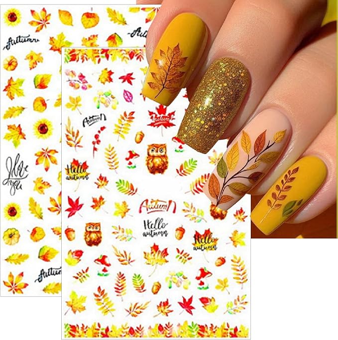 8 Autumn Maple Leaf Nail Art Stickers 3D Self-Adhesive Golden Maple Leaf Ginkgo Leaf Squirrel Cute Nail Decal Designs Women Girls Thanksgiving Nail Art Decoration Supplies