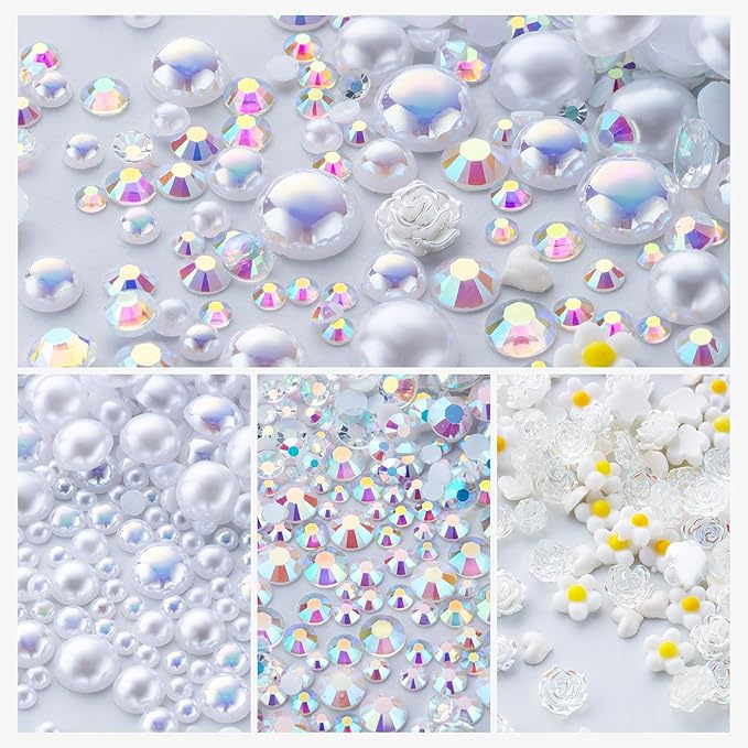 160g White Flat Back Pearls Rhinestones for Crafts Mixed Size 3mm-10mm AB Color Round Half Pearls Flatback Pearl Beads and Resin Rhinestones Set for Face Art