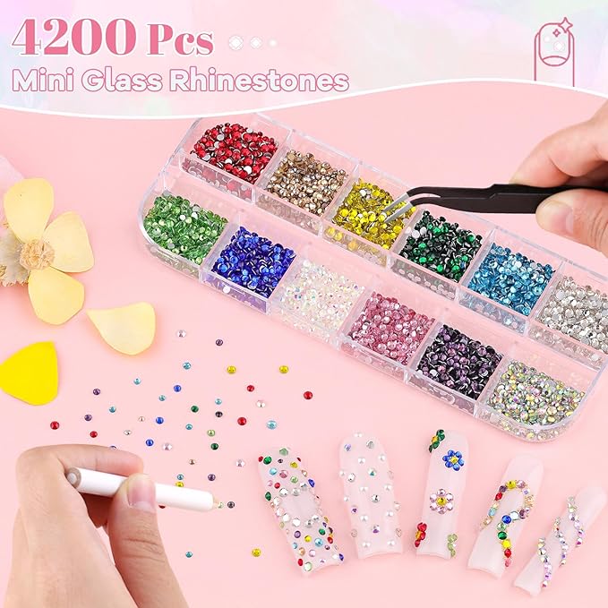 4200Pcs Small Glass Crystal Rhinestones for Nail Art, Colorful SS3-SS10 Flatback Bedazzling Gems, Nail Rhinestones and Gems Crystals Charms for Acrylic Tips Manicure Decor