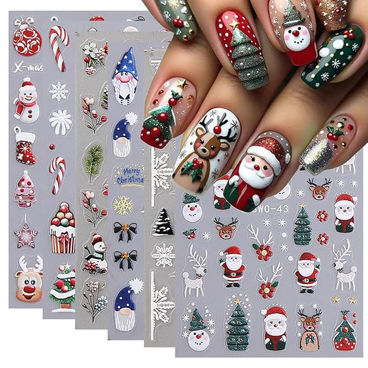 6 Sheets Christmas Nail Art Stickers 5D Self-Adhesive Embossed Cartoon Santa Claus Elk Bluebird Designs Xmas Decals Winter Christmas Snowflake Lamp Ball Nail Stickers Supplies for DIY Manicure Decor