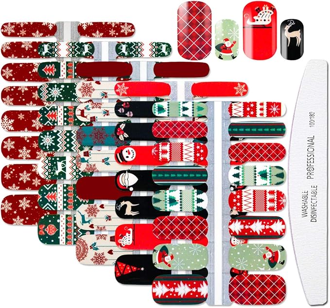 WOKOTO 5 Sheets Christmas Adhesive Nail Art Polish Stickers Tips with 1Pc Nail File Nail Wraps Decals Strips Set Manicure Holiday Pack
