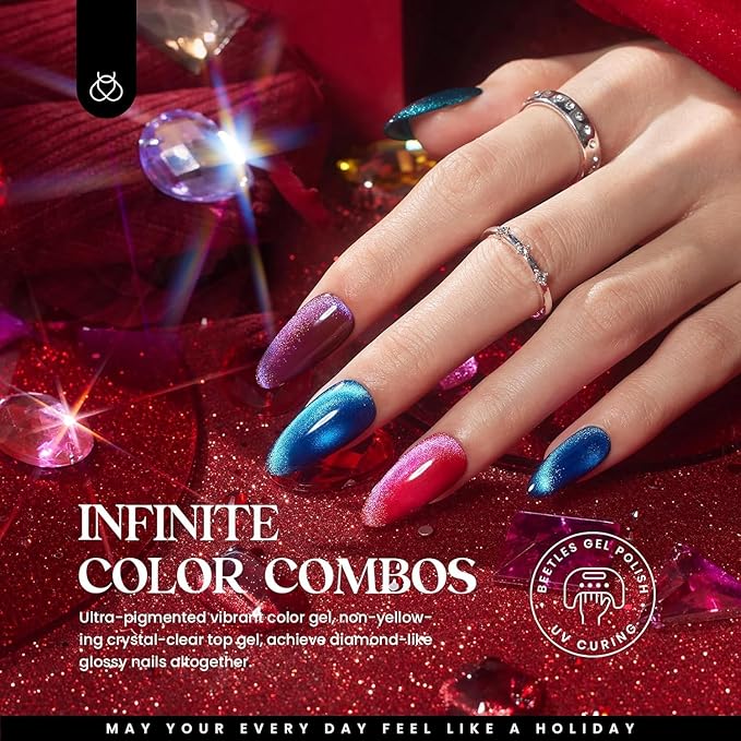 Beetles Winter Gel Nail Polish 20 Winter Colors Cat Eye Gel Polish Set Burgundy Red Purple Black with Magnet Pen Base Top Coat DIY Salon Manicured Soak Off UV LED Lamp Gifts for Women Gemstone Party