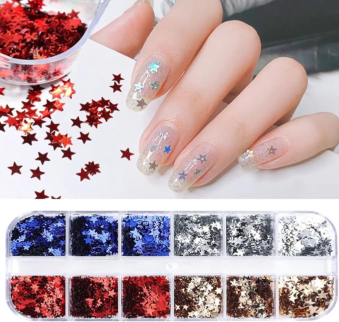 Independence Day Glitter Flakes 12 Grids Sequins Star Supplies Mixed Blue Red Crafts Charms Designs DIY USA Nail Art Decorations Accessories for Women Girl