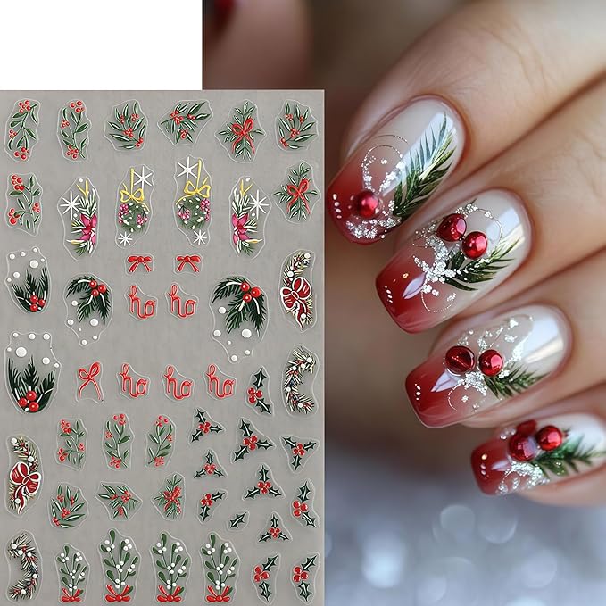 Christmas Nail Stickers 4 Sheets Christmas Nail Art Stickers, 5D Embossed Self-Adhesive Winter Leaves Snowflake Christmas Tree Flower Nail Decals Pattern Design DIY Holiday Nails Decoration for Women