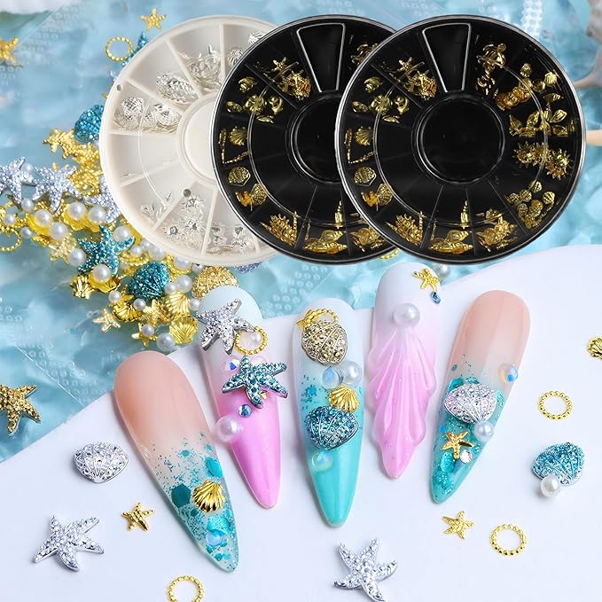 3 Boxes of Starfish Nail Charms, Ocean Nail Charms, Beach Starfish, Sea Shells, 3D Nail Gem Jewelry, Suitable for DIY Manicure (Gold*2, Silver*1)