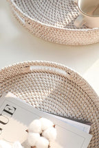HITOMEN 11.8" Hand-Woven Round Rattan Serving Tray Decorative Wicker Trays - Image 3