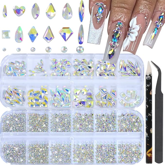 Nail Rhinestones - 3D Multi Shape Size, Flat Back, Manicure Rhinestones Charms, AB Gems, with Kit, for Nail Art, Bedazzling Acrylic Nails, DIY Decor