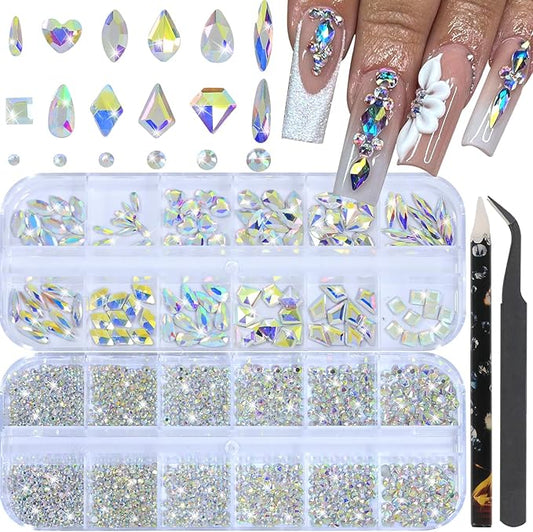 Nail Rhinestones - 3D Multi Shape Size, Flat Back, Manicure Rhinestones Charms, AB Gems, with Kit, for Nail Art, Bedazzling Acrylic Nails, DIY Decor