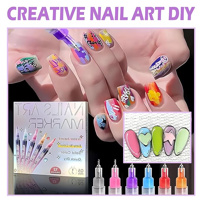 12 Colors Nail Art Pens Set,Upgraded Nail Art Markers for Art Design Acrylic Paint Marker,3D Polish Pencil for Gel Nails,Quick Drying Waterproof DIY Pen for Home & Salon Manicure Tools (12 Pcs)