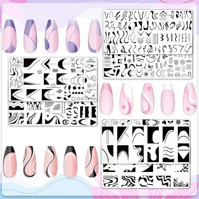 Whaline 6Pcs French Line Nail Plates Stamping Set Minimalism Wave Stripe Stamp Templates Nail Art Plates For DIY Print Manicure Salon Design