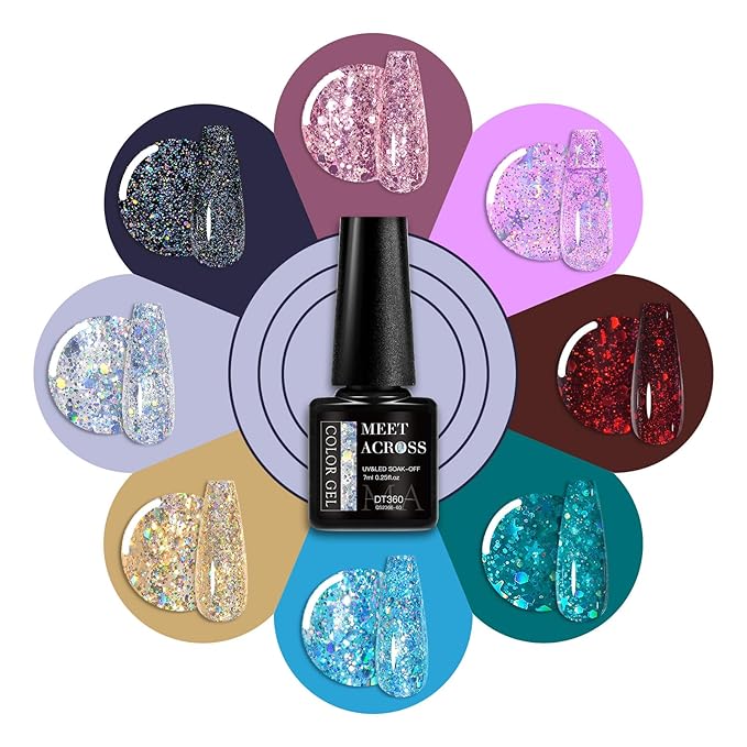MEET ACROSS 8 Colors Glitter Gel Nail Polish Sparkly Shiny Gold Silver Pink Gel Polish Kit Glitter Red Black Blue Nail Polish Set Manicure Nail Art DIY Salon Home Holiday Gift for Women